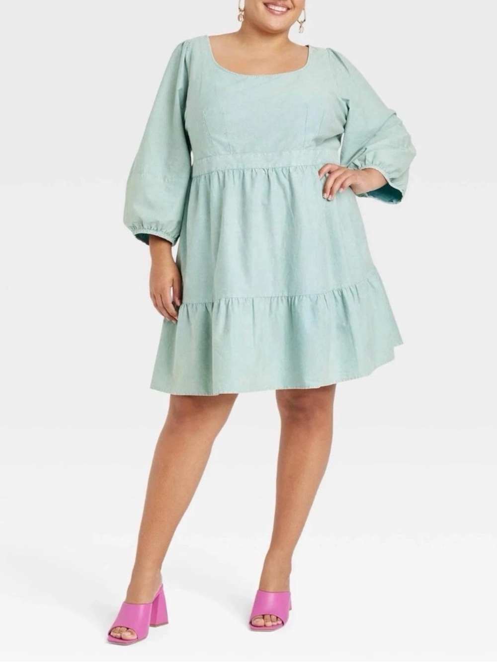 Ava & Viv Plus Size Tiered A-Line Dress 3/4 Balloon Sleeve Cottagecore Boho Teal
